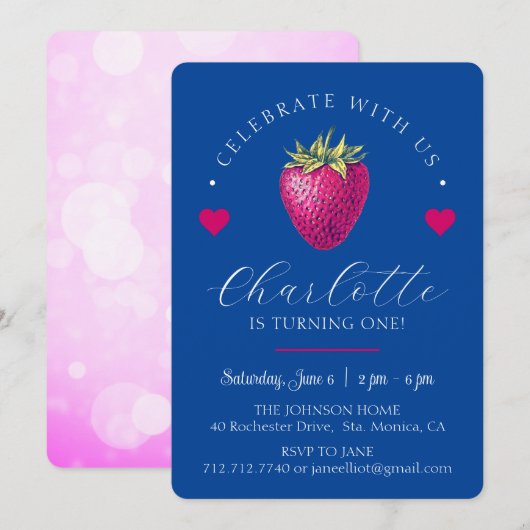Verjaardagsmeisje met aardbeienharten donkerblauw bedankkaart (Voorkant / Achterkant)