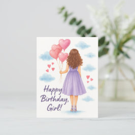 Verjaardagsmeisje met ballonnen – Watercolor Wensk Briefkaart