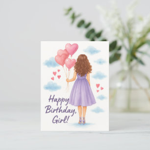 Verjaardagsmeisje met ballonnen – Watercolor Wensk Briefkaart