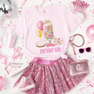 Verjaardagsmeisje met bloemencake feestje t-shirt