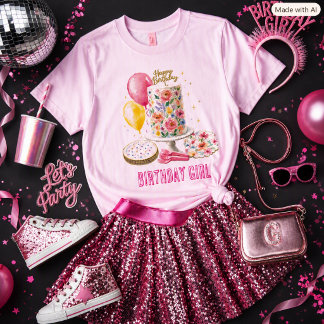 Verjaardagsmeisje met bloemencake feestje t-shirt