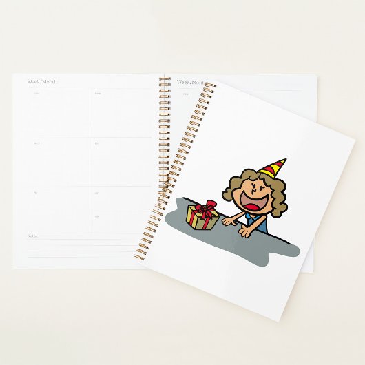 Verjaardagsmeisje met een cadeau spiraal planner