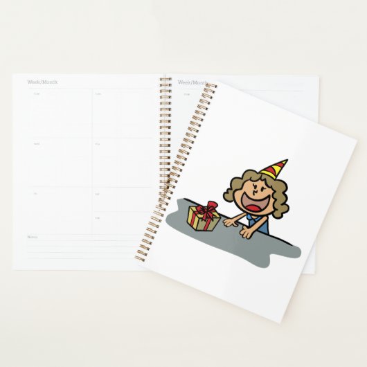 Verjaardagsmeisje met een cadeau spiraal planner (Display)