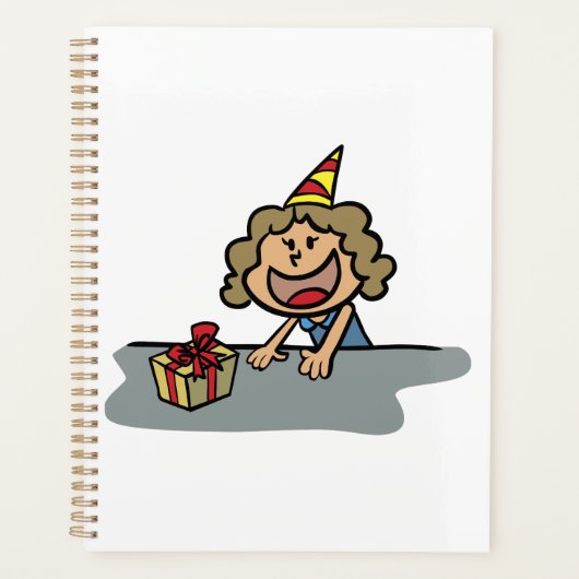 Verjaardagsmeisje met een cadeau spiraal planner (Voorkant)