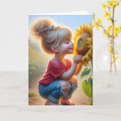 Verjaardagsmeisje met een zonnebloem kaart (Gele Bloem)