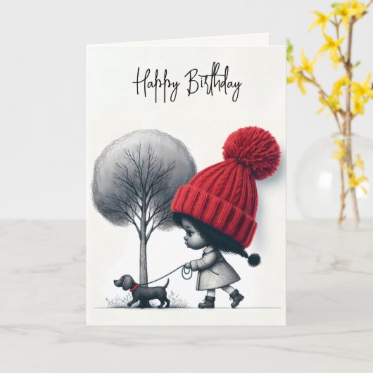 Verjaardagsmeisje met haar hond kaart (Gele Bloem)