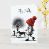 Verjaardagsmeisje met haar hond kaart (Gele Bloem)