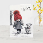 Verjaardagsmeisje met haar hond kaart (Gele Bloem)