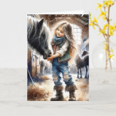 Verjaardagsmeisje met paard in stal kaart (Gele Bloem)