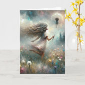 Verjaardagsmeisje met pluizige paardenbloem kaart (Gele Bloem)