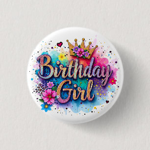 Verjaardagsmeisje met regenboog bloemen ronde button 3,2 cm