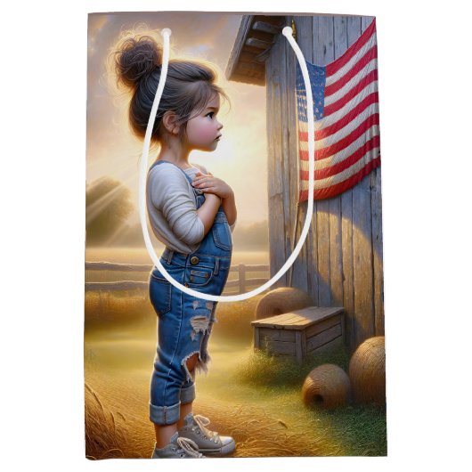 Verjaardagsmeisje met schuur en Amerikaanse vlag Medium Cadeauzakje (Voorkant)