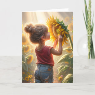 Verjaardagsmeisje met zonnebloem gloed kaart