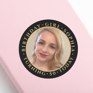 Verjaardagsmeisje Naam Leeftijd Foto Elegant Zwart Ronde Sticker