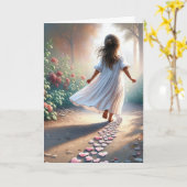 Verjaardagsmeisje op een roze hartpad kaart (Gele Bloem)