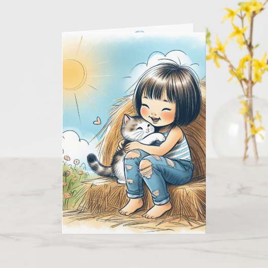 Verjaardagsmeisje op hooibaal kaart (Gele Bloem)