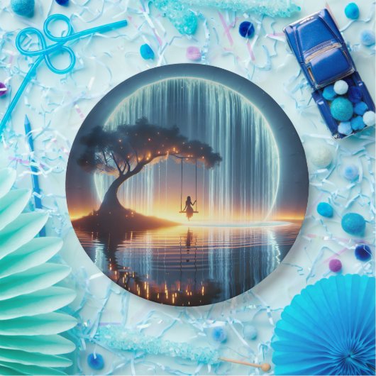 Verjaardagsmeisje op schommel in Moon Waterfall Papieren Bordje (Feest)