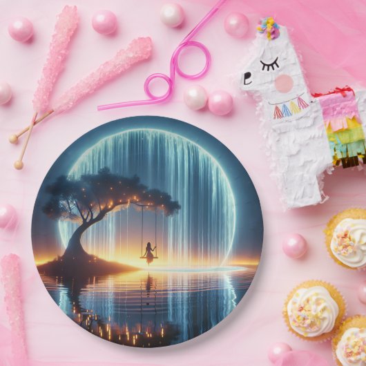 Verjaardagsmeisje op schommel in Moon Waterfall Papieren Bordje (Feest)