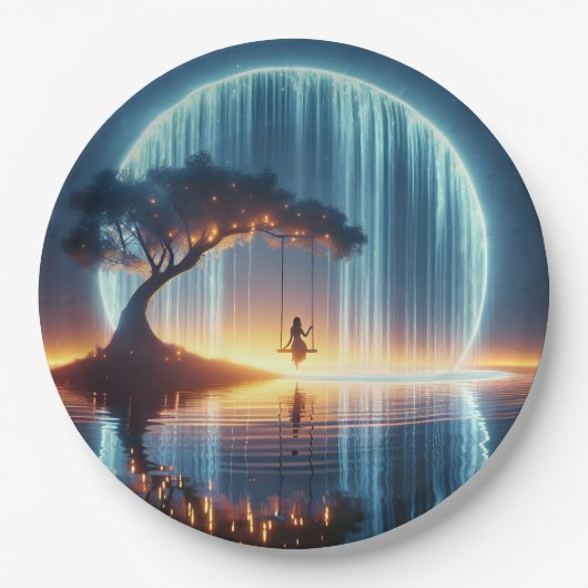 Verjaardagsmeisje op schommel in Moon Waterfall Papieren Bordje (Voorkant)