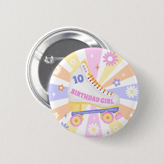Verjaardagsmeisje Retro Roller Schaats Ronde Button 5,7 Cm (Voorkant /achterkant)