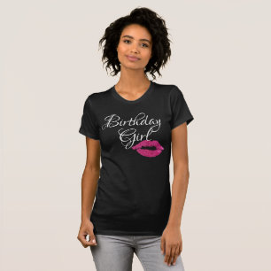 Verjaardagsmeisje Roze Glitters Lippen Glans Zwart T-shirt