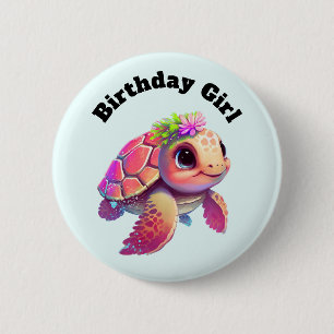 Verjaardagsmeisje - Roze Zee Turtle Whimsical & Cu Ronde Button 5,7 Cm