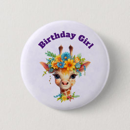 Verjaardagsmeisje Schattige Giraffe met Bloemenkra Ronde Button 5,7 Cm