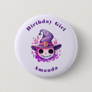 Verjaardagsmeisje Schedel in een Heksenhut Fantasi Ronde Button 5,7 Cm