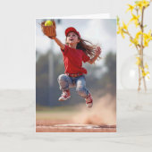 Verjaardagsmeisje springt om een softbal te vangen kaart (Gele Bloem)
