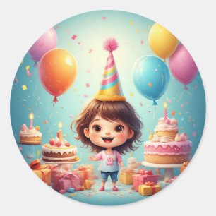 🎂 Verjaardagsmeisje Taart Viering met Taart Ronde Sticker