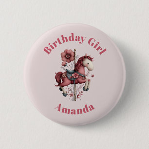Verjaardagsmeisje Whimsical Draaimolen Paard Afbee Ronde Button 5,7 Cm