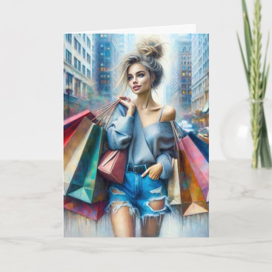 Verjaardagsmeisje winkelen in de grote stad kaart (Voorkant)