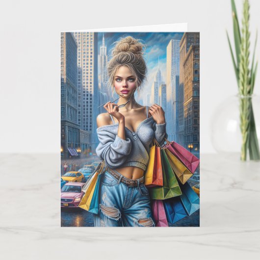 Verjaardagsmeisje winkelen in de grote stad kaart (Voorkant)