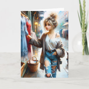 Verjaardagsmeisje winkelen in de grote stad kaart