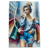 Verjaardagsmeisje winkelen in de grote stad medium cadeauzakje (Voorkant)