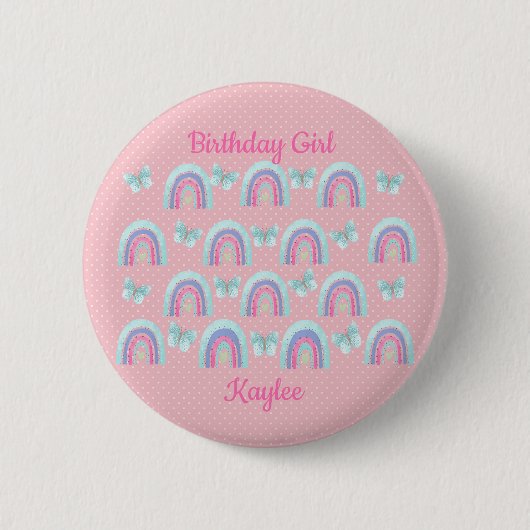 Verjaardagsmeisjes Regenbogen, Vlinders & Stippen  Ronde Button 5,7 Cm (Voorkant)
