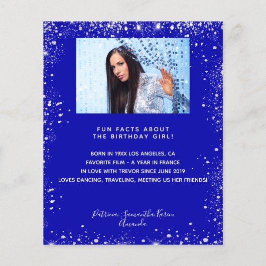 Verjaardagsmenu koninklijk blauw glitter leuke wee (Achterkant)