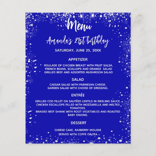 Verjaardagsmenu koninklijk blauw glitter leuke wee flyer (Voorkant)