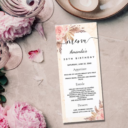 Verjaardagsmenu pampas gras roze goud bloem marble menu