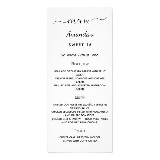 Verjaardagsmenu wit zwart elegant reclamekaart (Voorkant)