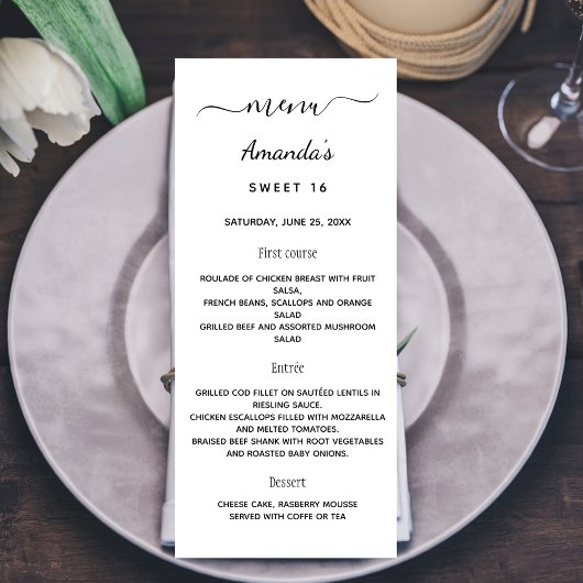 Verjaardagsmenu wit zwart elegant reclamekaart