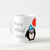 Verjaardagsmok met pinguïn, rode ballon en naam koffiemok (Voorkant links)