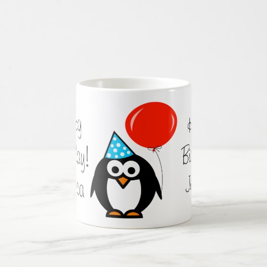 Verjaardagsmok met pinguïn, rode ballon en naam koffiemok (Center)