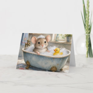 Verjaardagsmuis in bubbelbad met gele eend kaart
