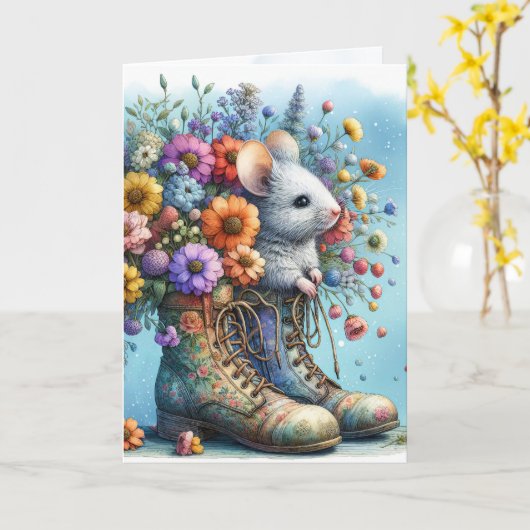 Verjaardagsmuis in oude laars kaart (Gele Bloem)