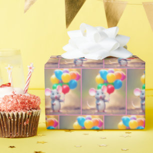 Verjaardagsmuis met ballonnen cadeaupapier