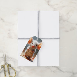 Verjaardagsmuis met kartonnen bordje cadeaulabel