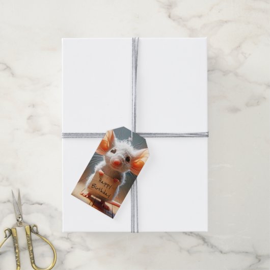 Verjaardagsmuis met kartonnen bordje cadeaulabel (Met Touw)