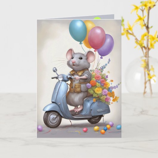 Verjaardagsmuis op een scooter kaart (Gele Bloem)