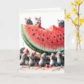 Verjaardagsmuizen die watermeloen eten kaart (Gele Bloem)